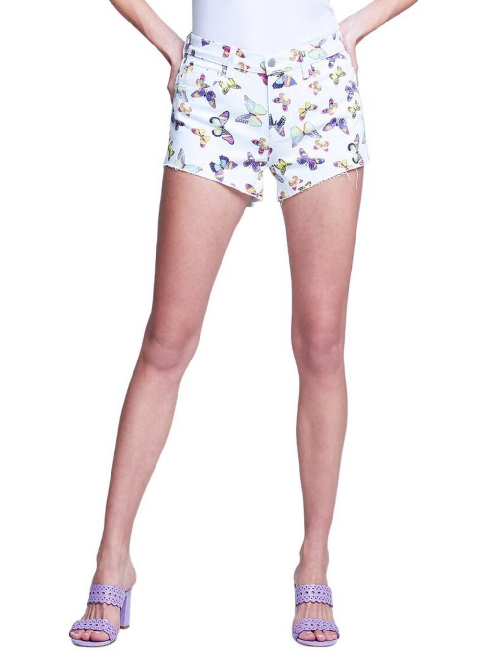 L'AGENCE Audrey Butterfly Print Denim Shorts Size 28 Raw Hem Designer Shorts